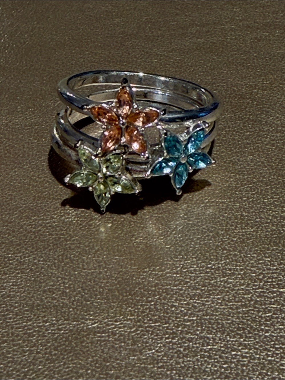 Floral Trio Crystal Stackable Ring - Green, Blue & Peach